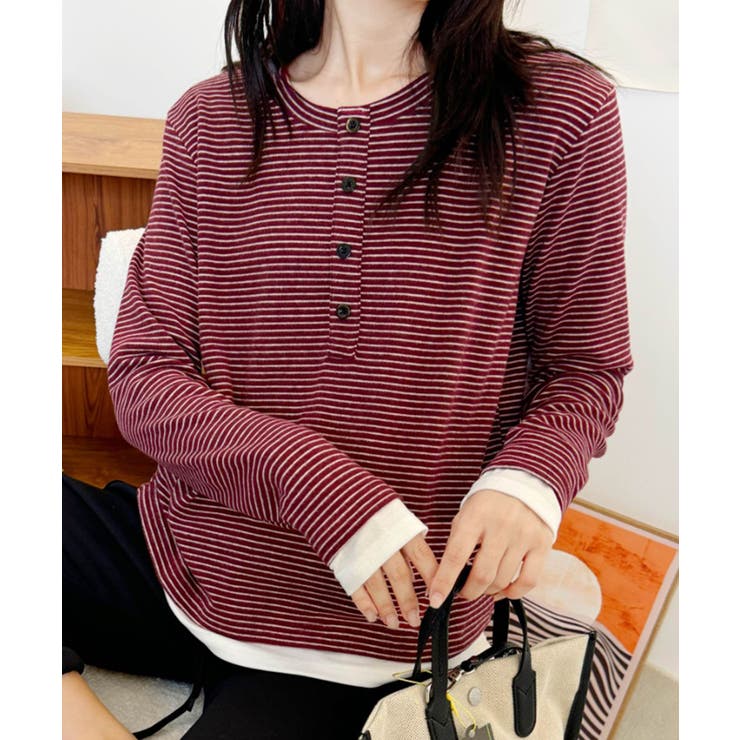 ヘンリーネックボーダー長袖Tシャツ | aimoha  | 詳細画像4 