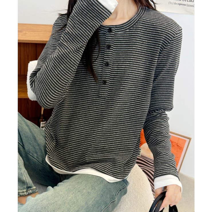 ヘンリーネックボーダー長袖Tシャツ | aimoha  | 詳細画像6 