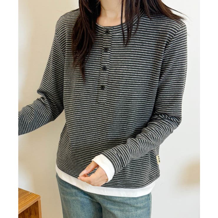 激安 超特価商店街  ヘンリーネックボーダー長袖Tシャツ[品番：XT000013071]｜aimoha トップス