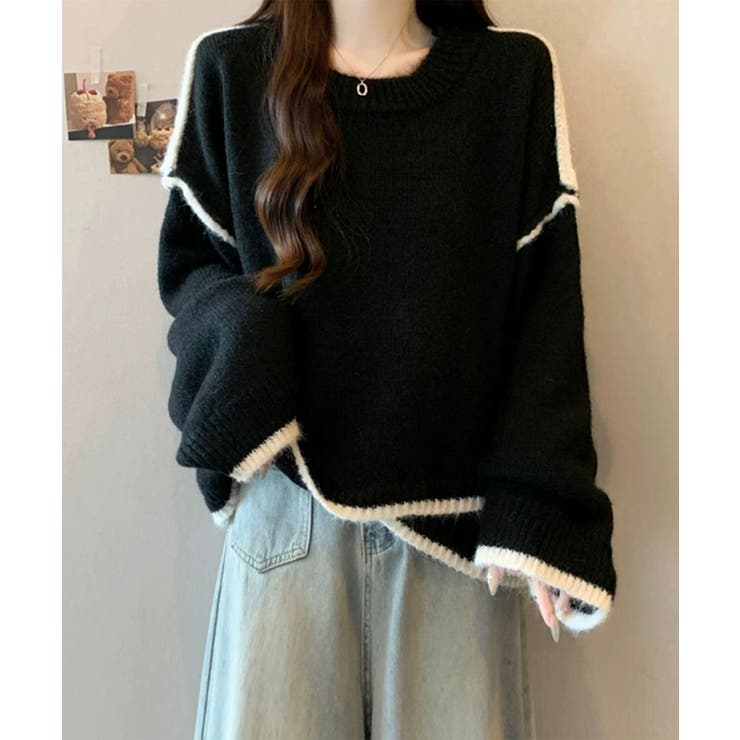 ブラック | 配色ラインニットプルオーバー | aimoha 