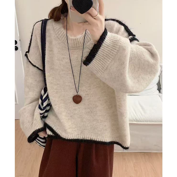 ベージュ | 配色ラインニットプルオーバー | aimoha 