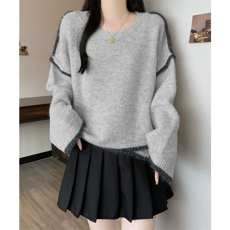 ライトグレー | 配色ラインニットプルオーバー | aimoha 