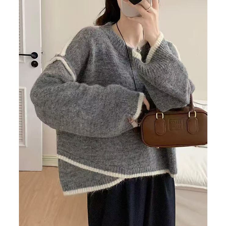 ダークグレー | 配色ラインニットプルオーバー | aimoha 