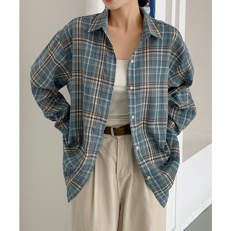 ブルー | ビッグシルエット チェックシャツ チュニック | aimoha 