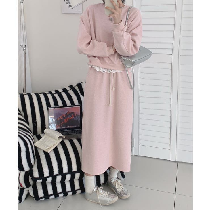 ピンク | レースデザインセットアップ スウェット＋ロングスカート | aimoha 