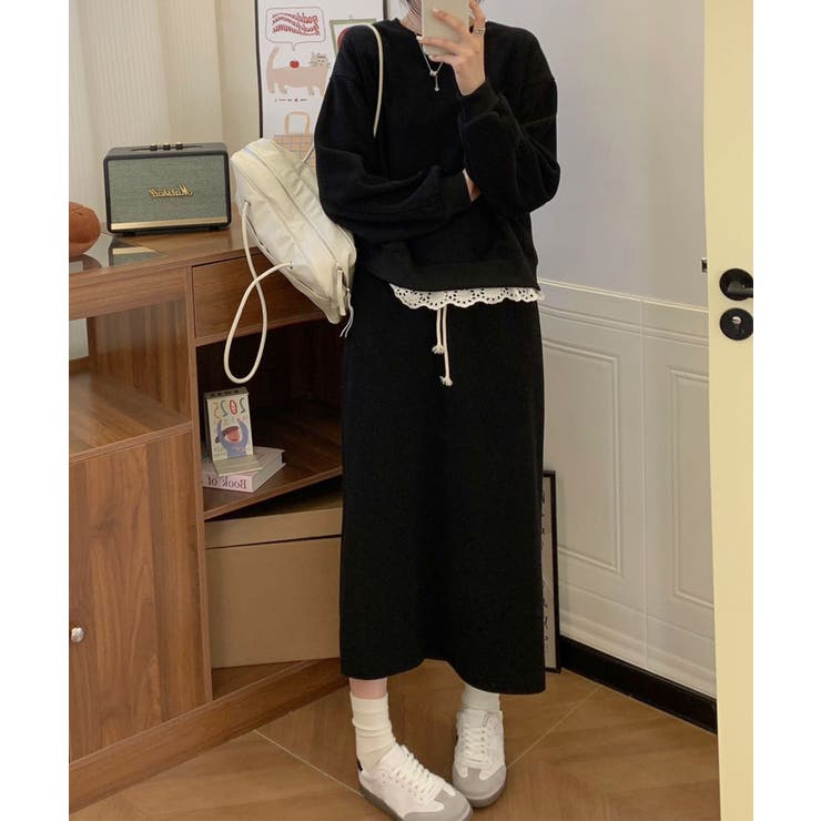 ブラック | レースデザインセットアップ スウェット＋ロングスカート | aimoha 