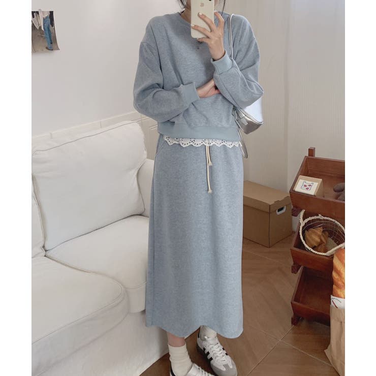 グレー | レースデザインセットアップ スウェット＋ロングスカート | aimoha 