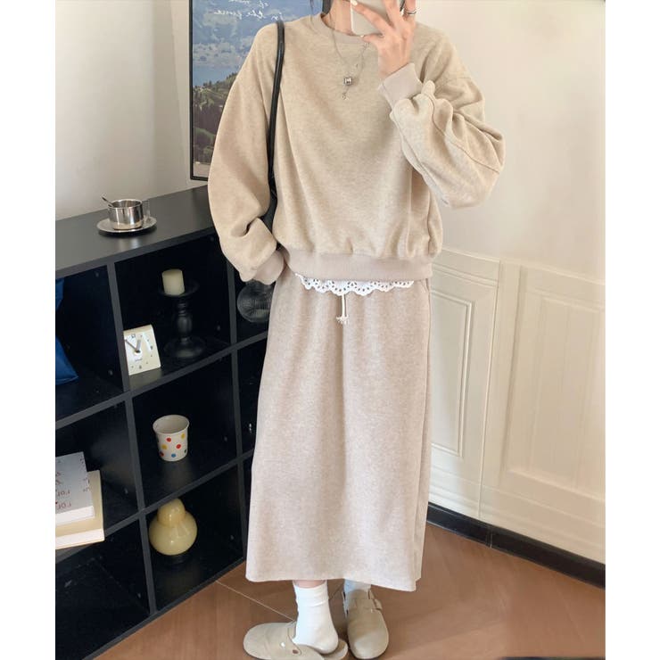 ベージュ | レースデザインセットアップ スウェット＋ロングスカート | aimoha 