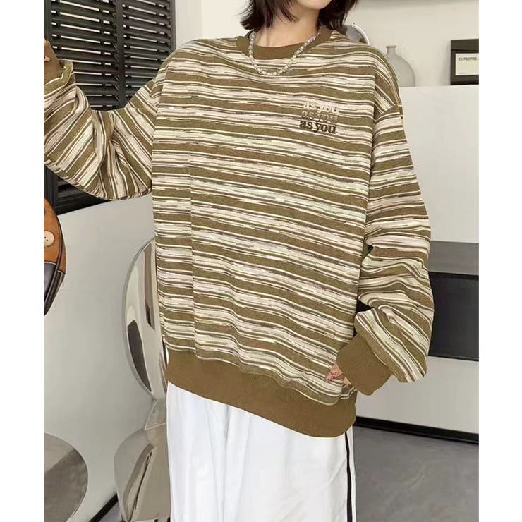 カーキ | オーバーシルエット マルチボーダー プルオーバー | aimoha 