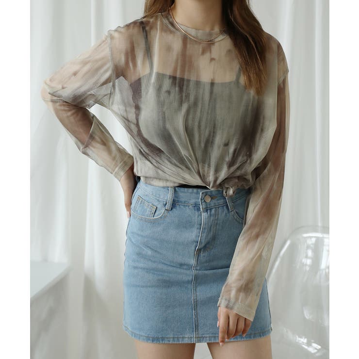 ベージュ | 【HOOK】for girls 抽象総柄プリントメッシュモックネック長袖トップス | HOOK