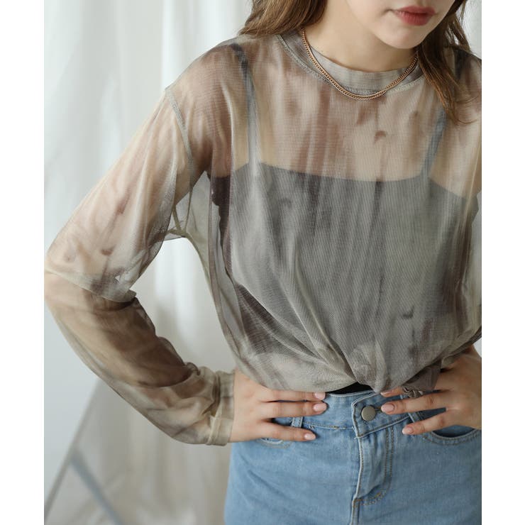 【HOOK】for girls 抽象総柄プリントメッシュモックネック長袖トップス | HOOK | 詳細画像5 