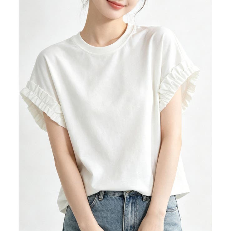 ホワイト | レースフリルスリーブ半袖Tシャツ | aimoha 