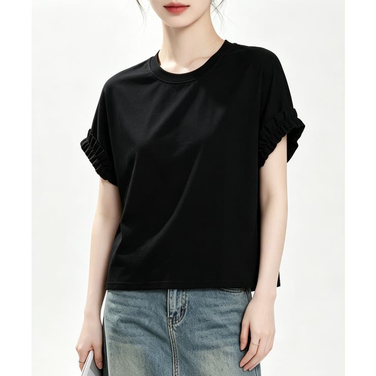 ブラック | レースフリルスリーブ半袖Tシャツ | aimoha 