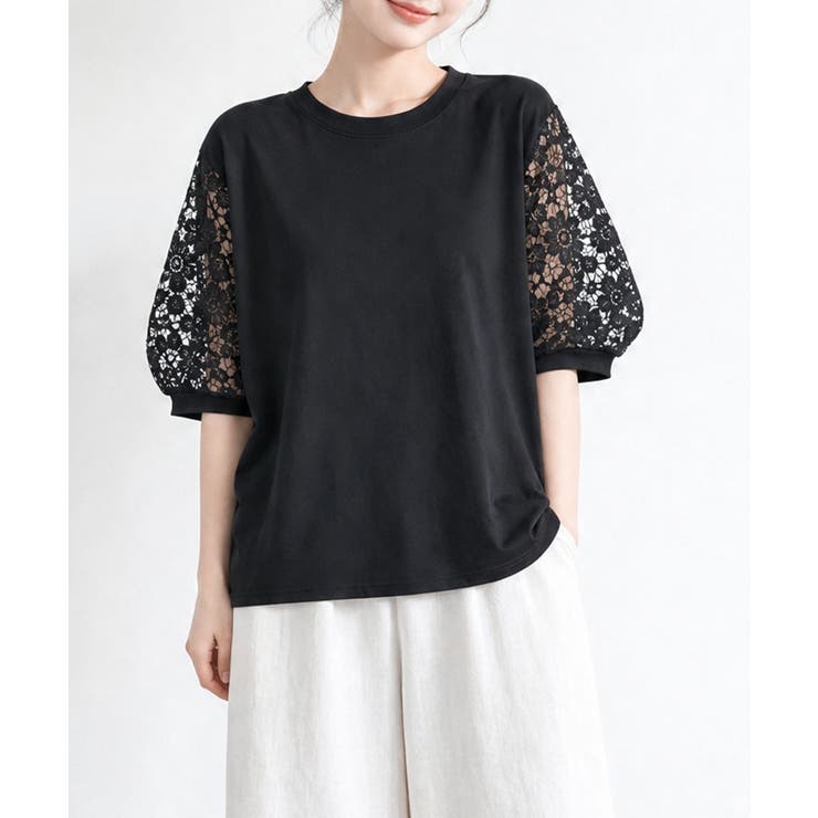 ブラック | レーススリーブ半袖Tシャツ | aimoha 