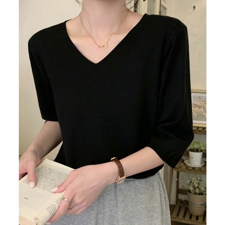 ブラック | 【BANICO】Vネック五分袖ゆったりニットソー | aimoha 