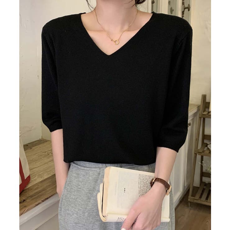 【BANICO】Vネック五分袖ゆったりニットソー | aimoha  | 詳細画像7 