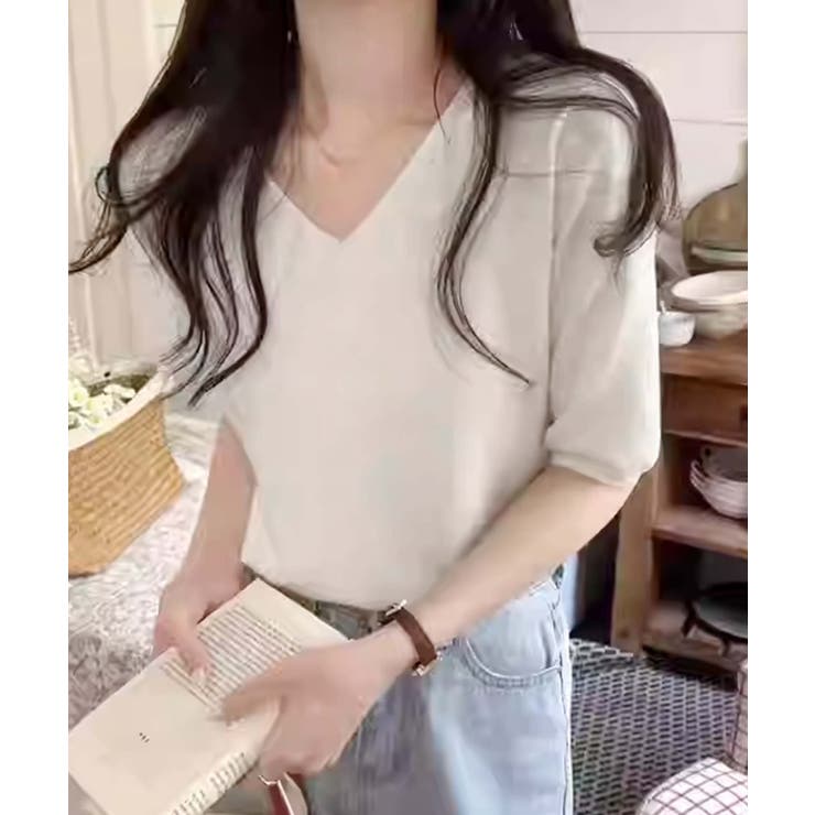 【BANICO】Vネック五分袖ゆったりニットソー | aimoha  | 詳細画像9 