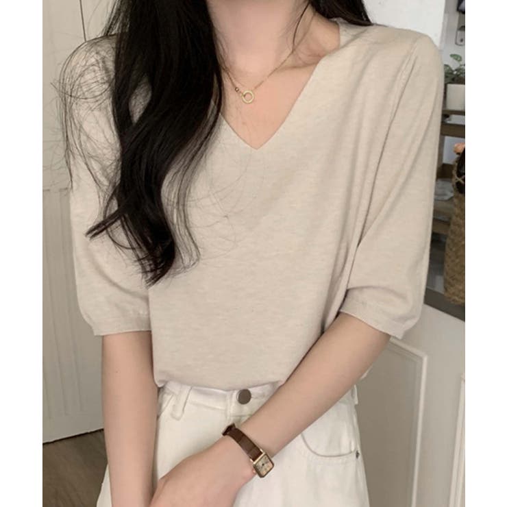 ベージュ | 【BANICO】Vネック五分袖ゆったりニットソー | aimoha 