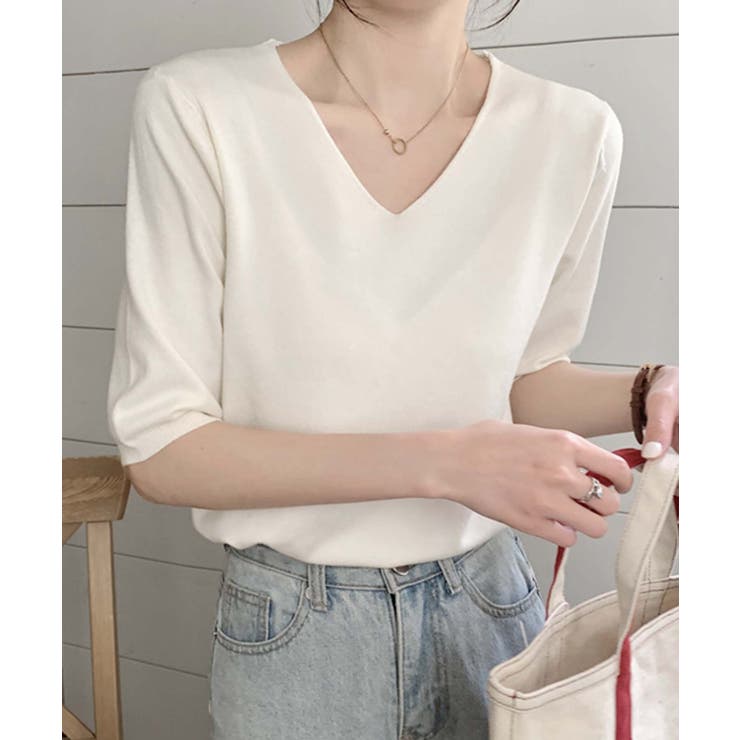 ライトベージュ | 【BANICO】Vネック五分袖ゆったりニットソー | aimoha 
