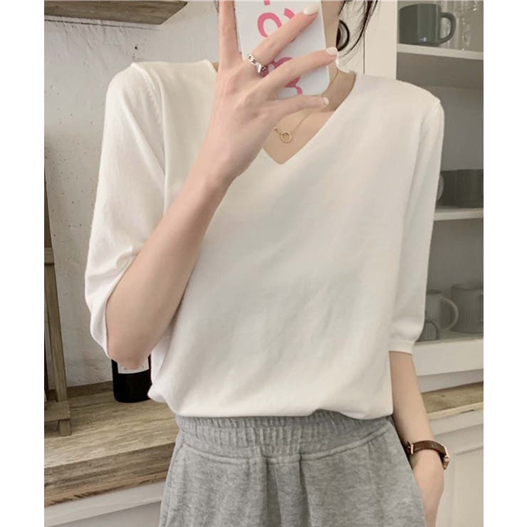 【BANICO】Vネック五分袖ゆったりニットソー | aimoha  | 詳細画像1 