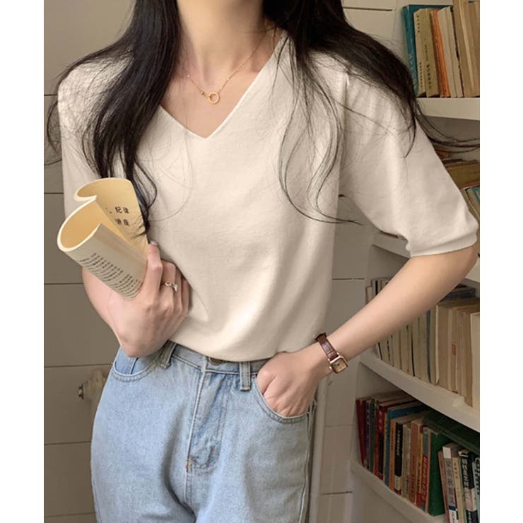 【BANICO】Vネック五分袖ゆったりニットソー | aimoha  | 詳細画像3 