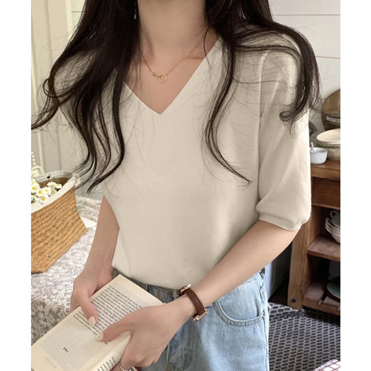 【BANICO】Vネック五分袖ゆったりニットソー | aimoha  | 詳細画像4 