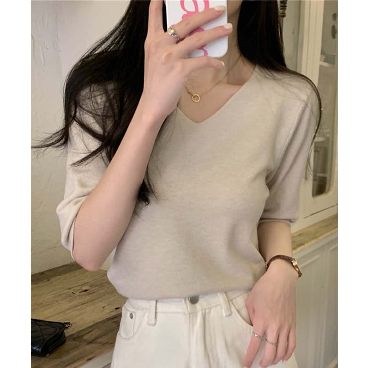 【BANICO】Vネック五分袖ゆったりニットソー | aimoha  | 詳細画像5 