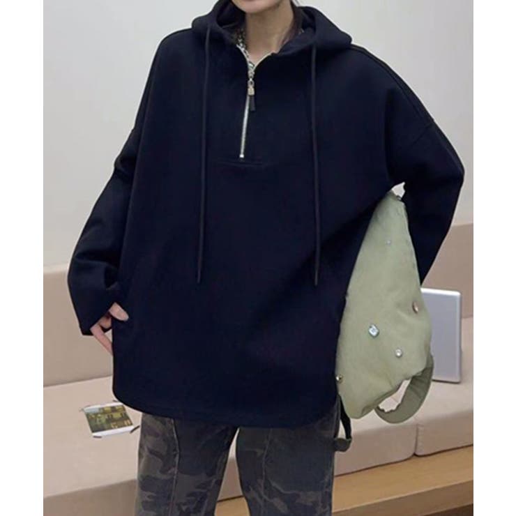 ブラック | オーバーサイズハーフジップフーディ パーカー | aimoha 