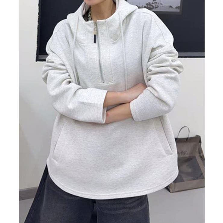 杢グレー | オーバーサイズハーフジップフーディ パーカー | aimoha 
