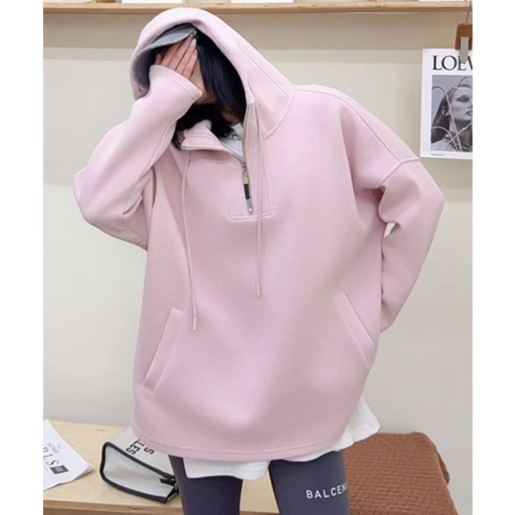 ピンク | オーバーサイズハーフジップフーディ パーカー | aimoha 