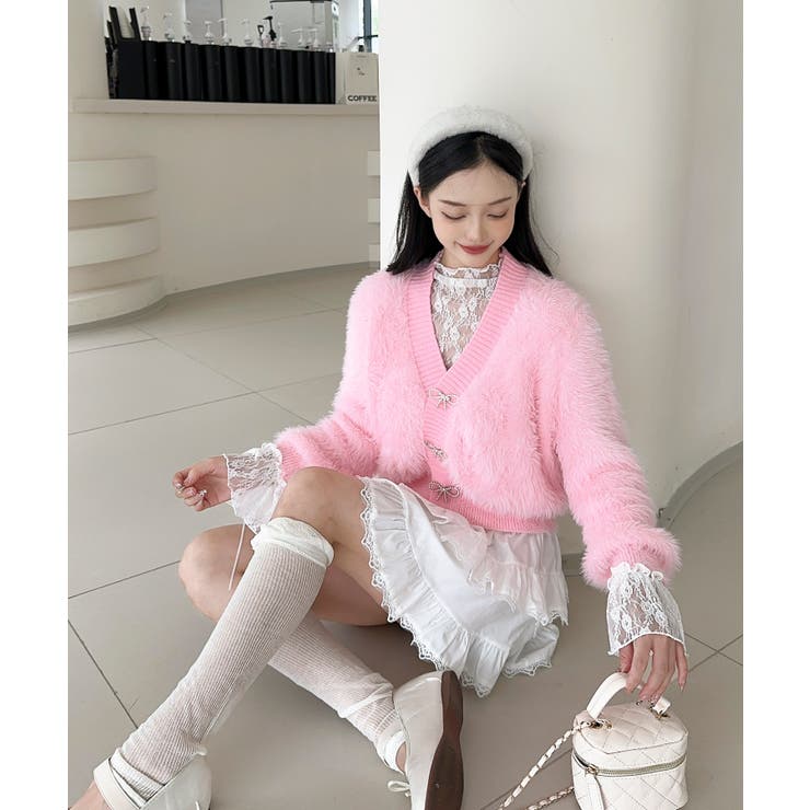 もこもこリボンボタンカーディガン Jasmine Grandiflorum[品番