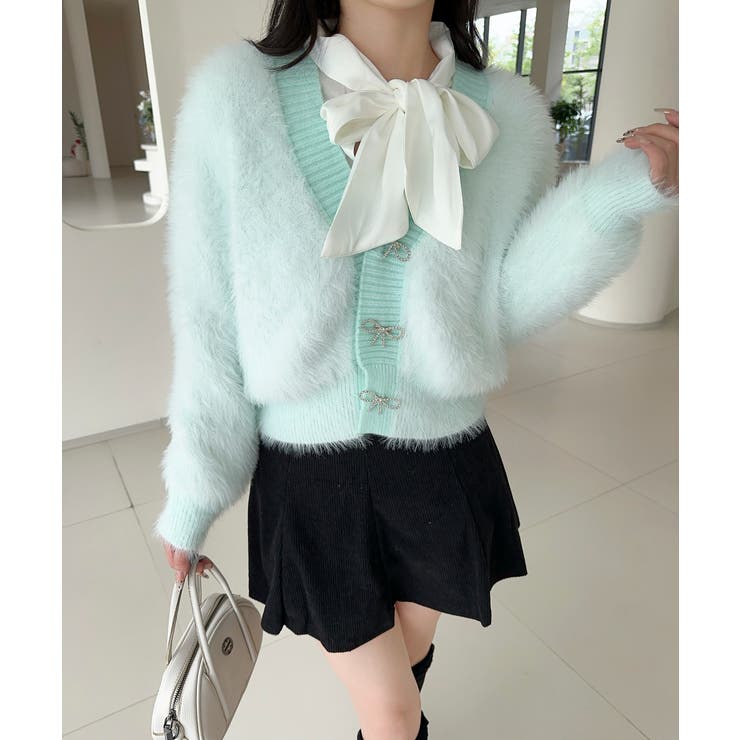 ライトブルー | もこもこリボンボタンカーディガン Jasmine Grandiflorum【AW… | aimoha 