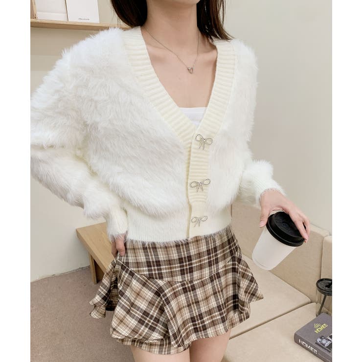 ホワイト | もこもこリボンボタンカーディガン Jasmine Grandiflorum【AW… | aimoha 