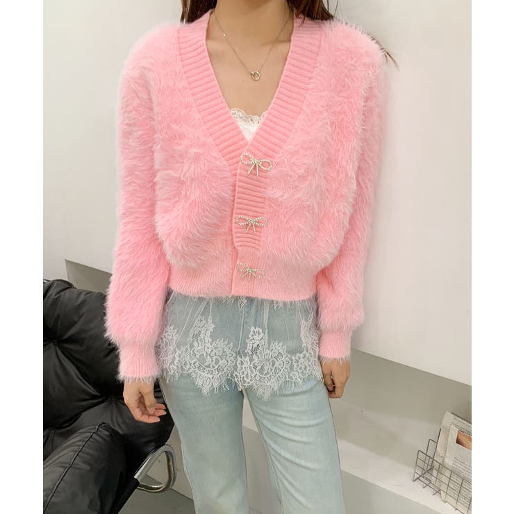 もこもこリボンボタンカーディガン Jasmine Grandiflorum[品番