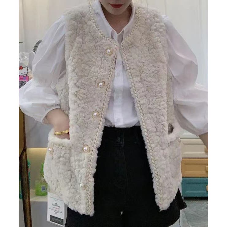 フェイクファーボアパールボタンベスト 韓国ファッション ツイードジャケット | aimoha  | 詳細画像6 