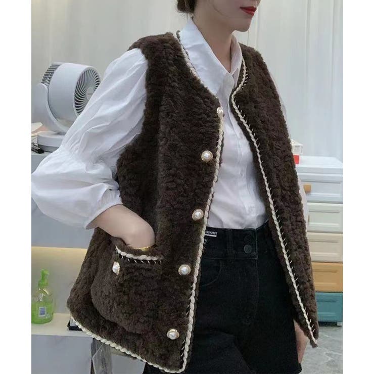 フェイクファーボアパールボタンベスト 韓国ファッション ツイード