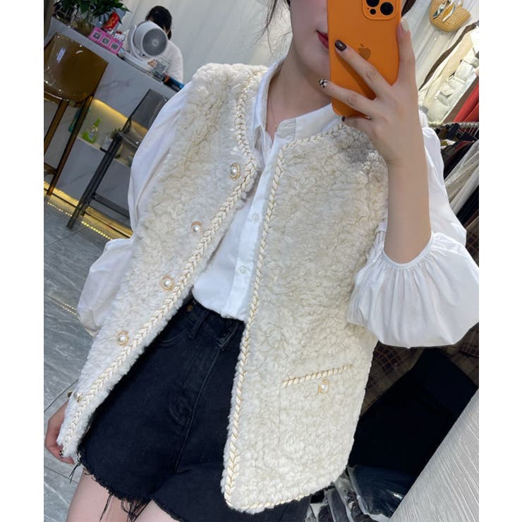 フェイクファーボアパールボタンベスト 韓国ファッション ツイードジャケット | aimoha  | 詳細画像10 