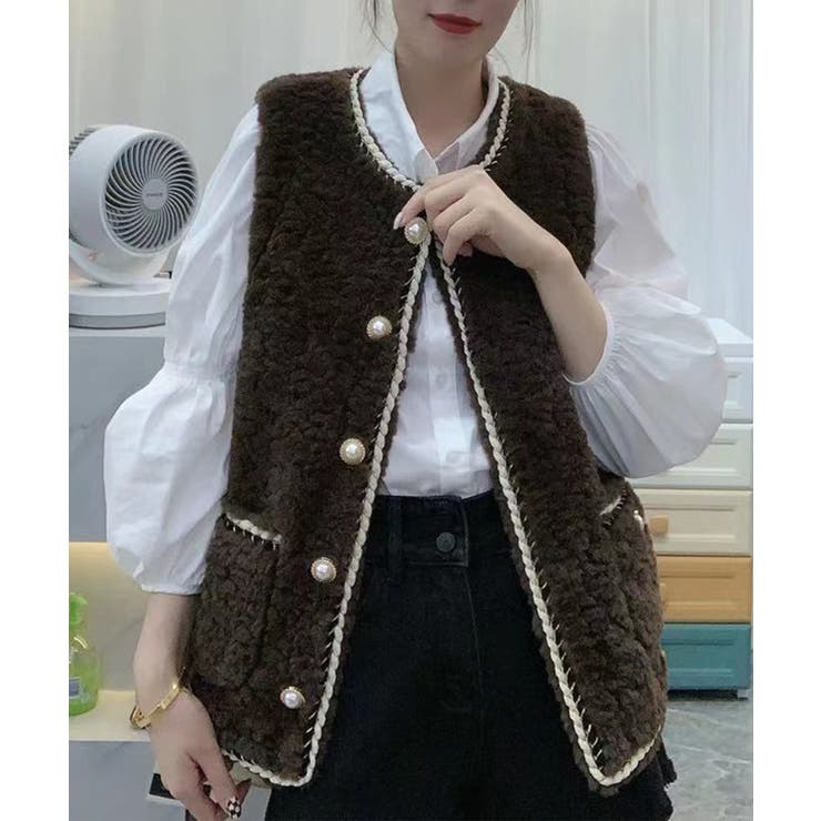 フェイクファーボアパールボタンベスト 韓国ファッション ツイード