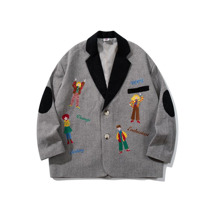 グレー | HOOK -original- レトロ調人物刺繍異素材襟テーラードジャケット | HOOK