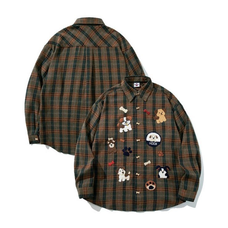 ダークベージュ | HOOK -original- レトロ古着風 ドッグ刺繍チェックシャツ | HOOK
