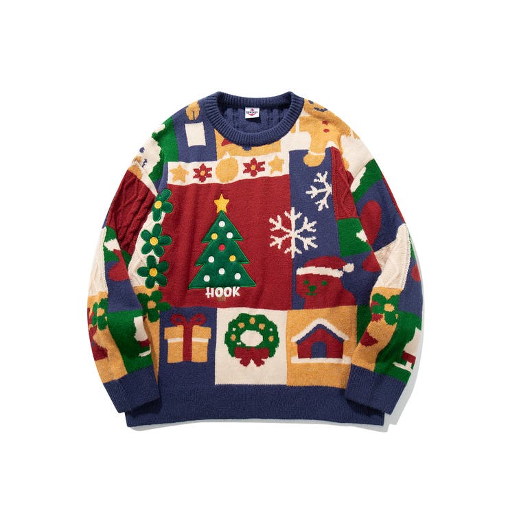 ブルー | HOOK -original- 厚手パッチワーククリスマスニットプルオーバー | HOOK