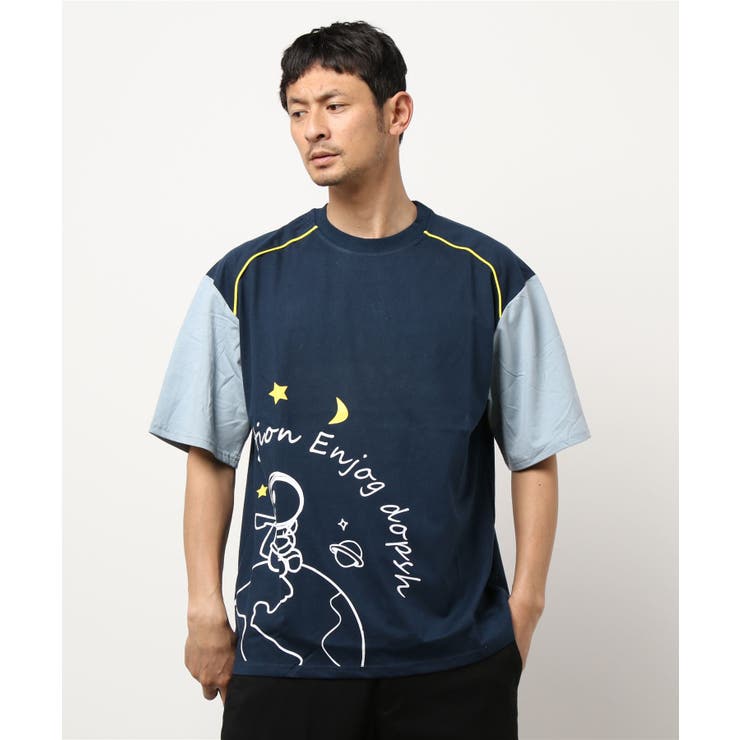 宇宙飛行士プリント袖切り替え半袖tシャツ オーバーサイズ Ｔシャツ