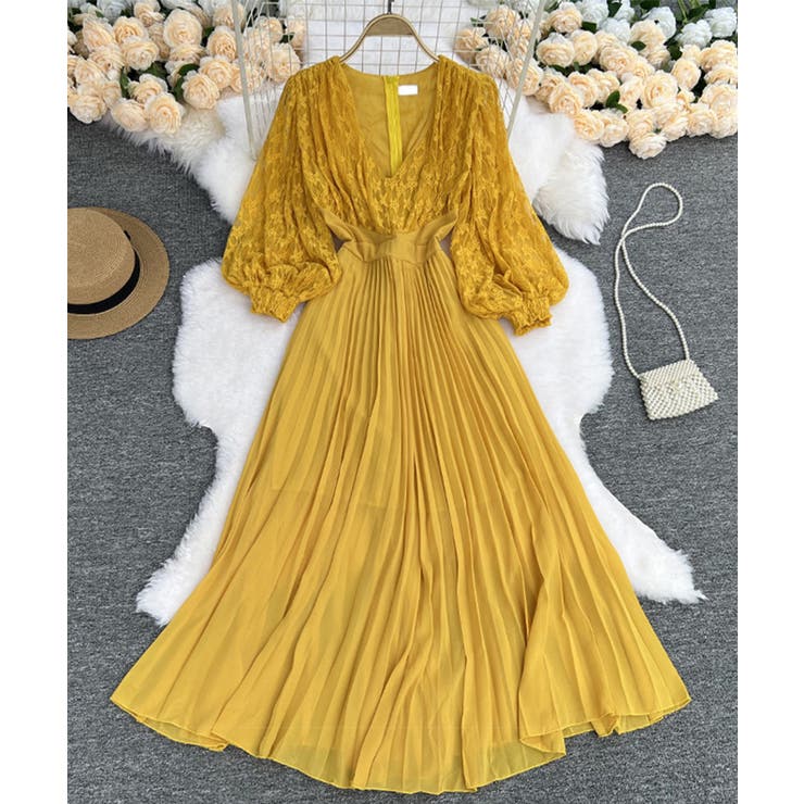 Jasmine GrandiflorumVネックレースプリーツフレアワンピース Jasmine GrandiflorumVネックレースプリーツフレアワンピース