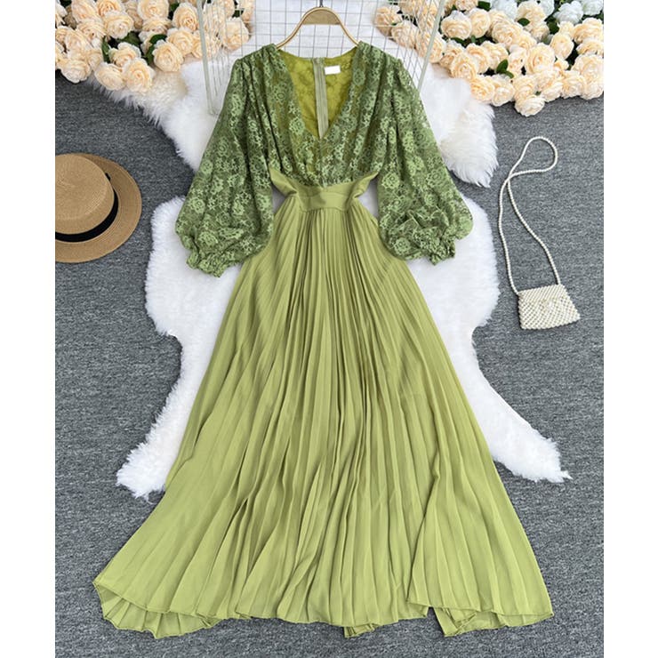 Jasmine GrandiflorumVネックレースプリーツフレアワンピース Jasmine GrandiflorumVネックレースプリーツフレアワンピース