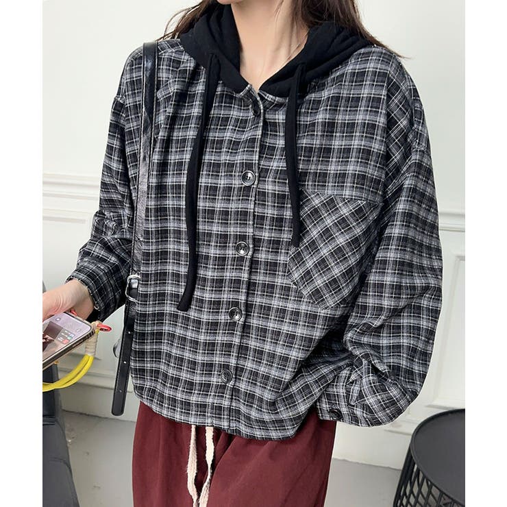 ブラック | チェック柄フーディシャツ | aimoha 