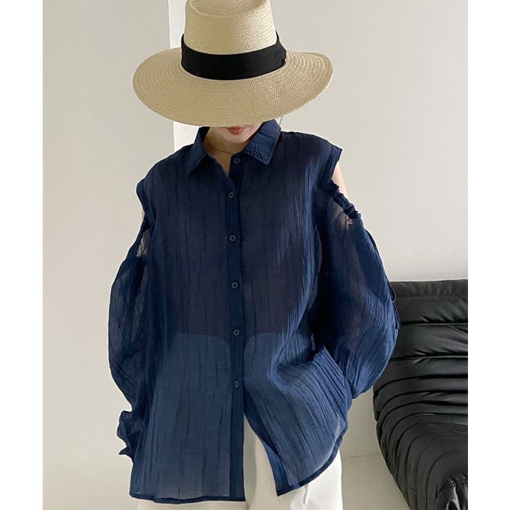 肩紐リボンゆったり前あきシアーシャツ 韓国ファッション ロンT | aimoha  | 詳細画像6 