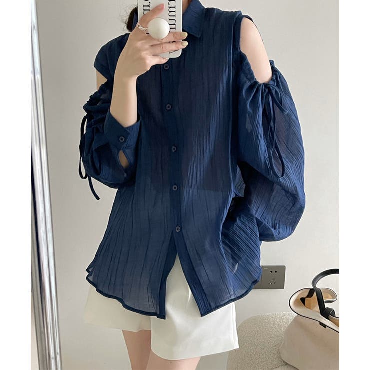 肩紐リボンゆったり前あきシアーシャツ 韓国ファッション ロンT | aimoha  | 詳細画像23 