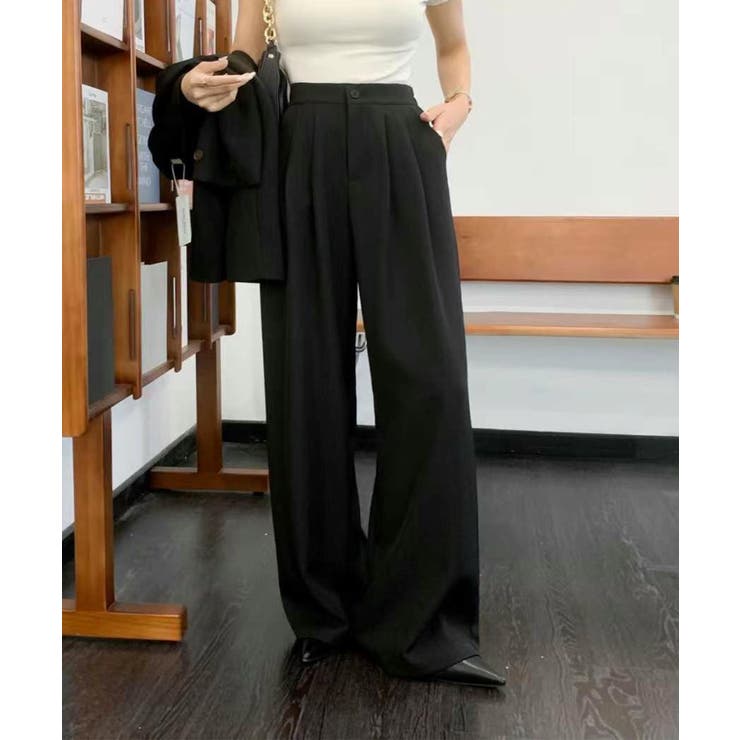 ブラック | ストレート タック ワイドパンツ | aimoha 
