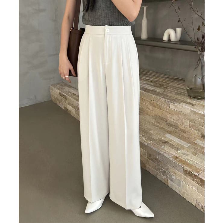 ライトベージュ | ストレート タック ワイドパンツ | aimoha 