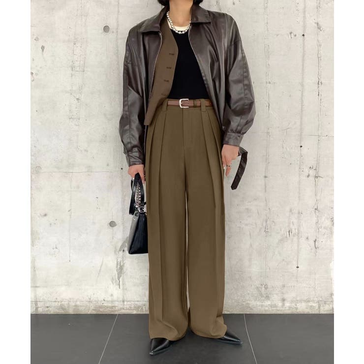ダークベージュ | ストレート ダブルタック ワイドパンツ | aimoha 